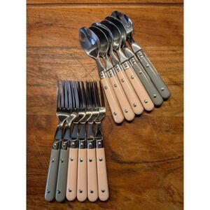 12pc Stainless Steel Flatware Set Riveted Handles Pink and Grey Forks and Spoons
